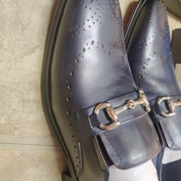Carrucci Navy horsebit loafers 9.5M brogue blue KS261-04 silver bit leather main image 9